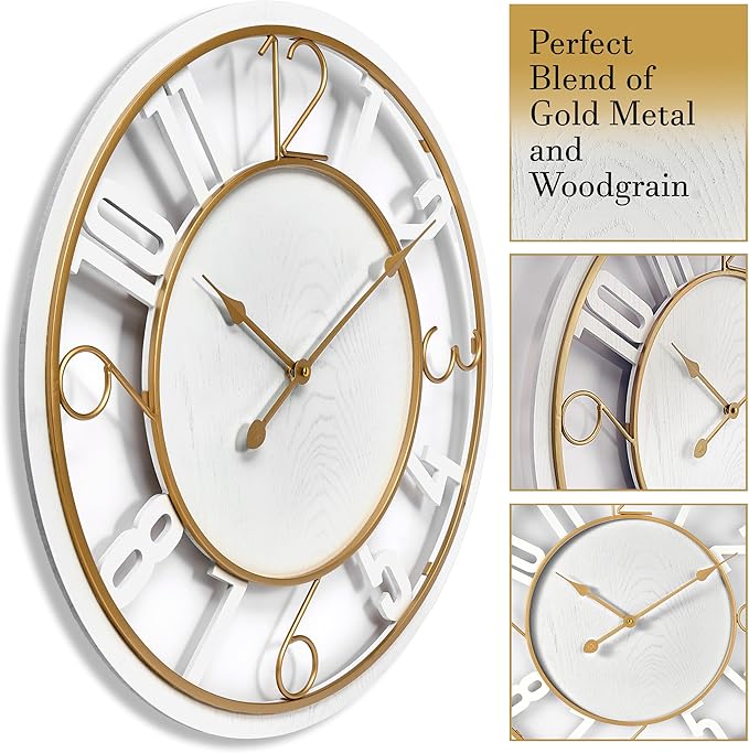 Sorbus 24-Inch Large Wall Clock – Wooden Decorative Clock for Living Room, Kitchen, Bedroom, Office – Easy to Hang Analog Wall Art (White)