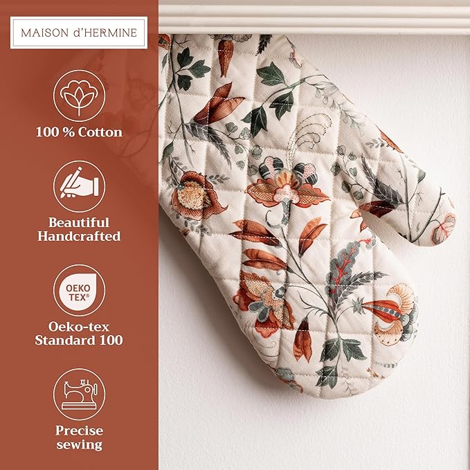 Maison d' Hermine Oven Gloves 100% Cotton Oven Mitt 7" x 13" with Loop Heat Resistant BBQ Cooking Gloves for Thanksgiving Christmas Decorations Baking Handling Hot Pans (Pack of 1, Dalida)