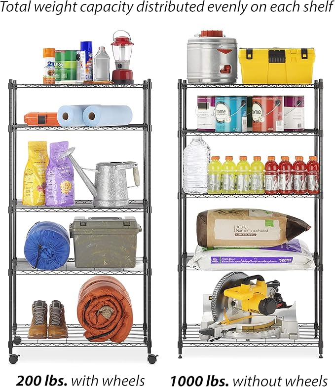 Whitmor 5 Tier Supreme Shelving Unit, Metal Storage Shelves, Adjustable Heavy Duty Shelf with Wheels, 400 lbs Capacity per Shelf, 2000 lbs Total for Pantry, Garage, Kitchen, Black