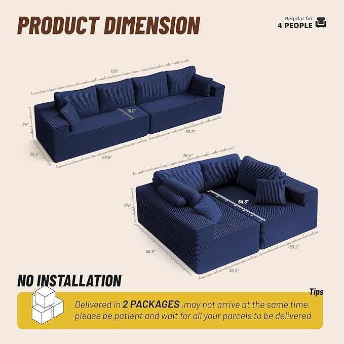138" Modular Sofa Memory Foam Sectional Couches for Living Room, Sleeper Sofa Bed, Corduroy, Blue