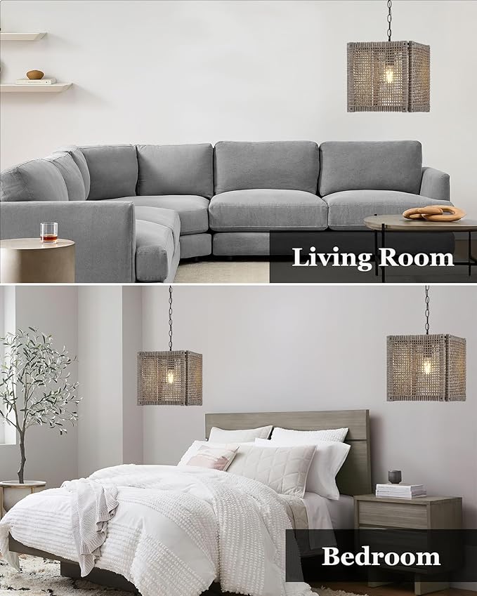 ELYONA Farmhouse Rattan Chandelier 12" Handwoven Pendant Light Fixtures with Gray Square Solid Wood Frame, Adjustable Hanging Lamp for Kitchen Island, Dining Room, Living Room, Bedroom, Bar, Hallway