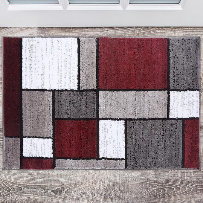 Rugshop Modern Geometric Boxes Red Area Rug, Non-Shedding Carpet for Entryway, Bathroom, or Small Space, 2' x 3'