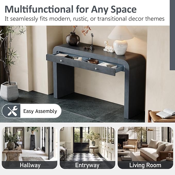 54.3" Curved Console Table with Fluted Drawer, Rustic Entryway Table and Thick Legs, Sturdy Sofa Table for Hallway & Living Room Wood (Dark Navy)