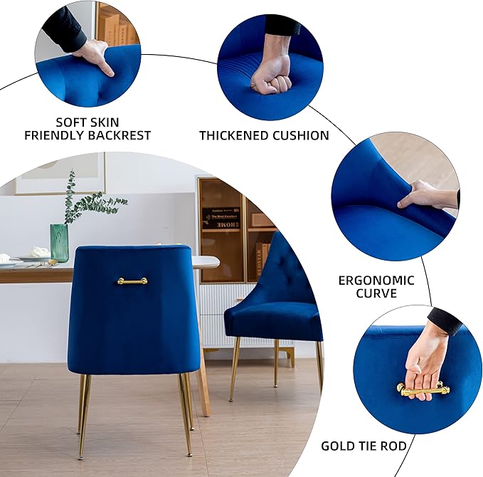 Modern Dining Chair Set of 2, Mid-Century Room Chair, Upholstered Comfortable Velvet with Back Pull Rod and Metal Legs for Kitchen, Dining, Living (Blue), (DYXSD)