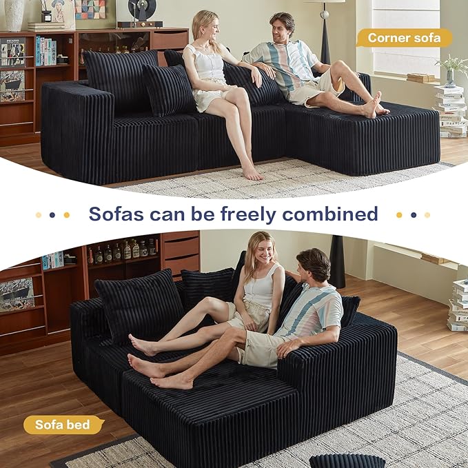 Boneless Sectional Sofa, 100.7" Cloud Couch with Wide-Wale Corduroy, Deep Seat L Shaped Couch, All-Foam Filled Compressed Sofa for Living Room (Black, Corduroy)