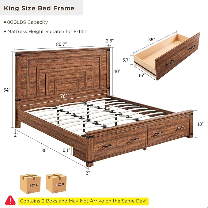 RedLemon Farmhouse King Size Bed Frame w/ 54" Tall Geometric Headboard, Rustic Wood Platform Bed w/ 2 Large Storage Drawers, Wood Slats Support, Noise Free, No Box Spring Needed, Reclaimed Barnwood