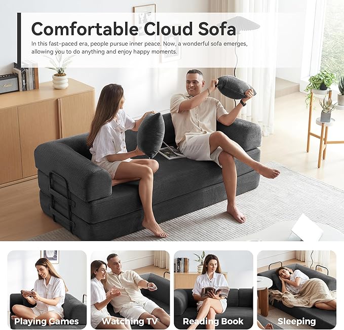 Convertible Sleeper Sofa Bed with Cylindrical Pillow, Comfy Foldable Sofa Bed Compressed Sofa in Box, Floor Sofa Lounge Couch for Living Room Bedroom Lounge Studio, Tool-Free Assembly (Black)