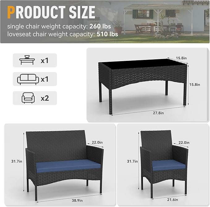 Kurapika Patio Furniture Set 4 Pieces Outdoor Wicker Rattan Chairs Conversation Sets w/Coffee Table, Rocking Bistro Set, for Deck,Patio,Backyard,Lawn (Navy Blue)