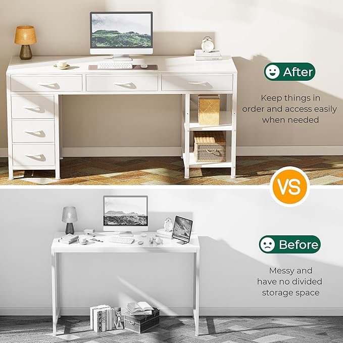 Huuger Computer Desk with 6 Drawers, 54 Inch Office Desk with Shelves, Reversible Gaming Desk, Corner Desk with Storage, Work Desk for Home Office, Study, Living Room, White