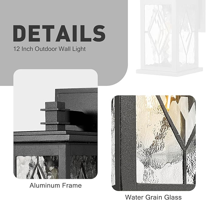 Emliviar 2-Pack Outside Light Fixtures, 12 Inch Exterior Lights for House, Black Finish with Water Grain Glass, 1803EW1-2PK-SD BK