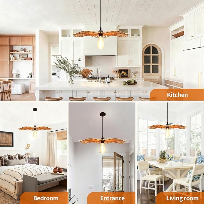 10.2''Small Natural rattan chandelier Pendant Lights -Farmhouse Boho rattan hanging lamp with Included E27 Bulb, 120V wicker pendant lamps for Dining Room Kitchen Island Bedroom living room