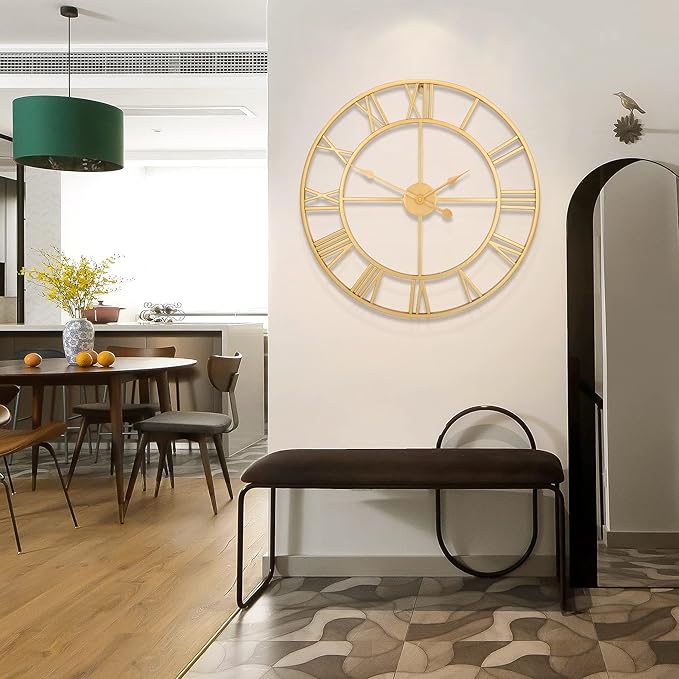 1st owned Large Wall Clock Metal Retro Roman Numeral Clock, Modern Round Wall Clocks Almost Silent, Easy to Read for Living Room/Home/Kitchen/Bedroom/Office/School Decor (Gold, 32 Inch)