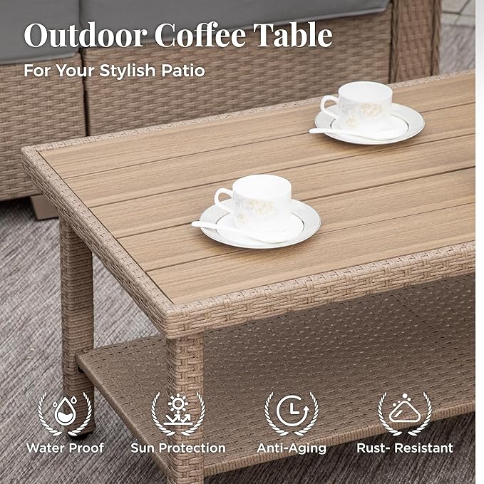 Patio Furniture Set 4 pcs, Wicker Outdoor Patio Furniture, 3-Seat Sofa, 2 Single Sofa and Coffee Table, Rattan Patio Conversation Set for Backyard Deck, Grey