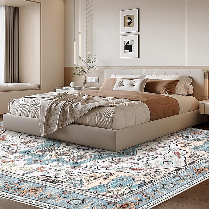 WILLSUN Washable Area Rugs, 9x12 Non-Slip Boho Large Area Rugs for Living Room, Bedroom, Machine Washable Vintage Rug, Indoor Floral Print Carpet for Home Decor, Kid & Pet Friendly Mat