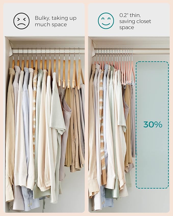 SONGMICS 30-Pack Pants Hangers, 16.7-Inch Long Velvet Hangers with Adjustable Clips, Heavy-Duty, Non-Slip Skirt Hangers, Space-Saving for Pants, Skirts, Coats, Dresses, Light Pink UCRF12PK30