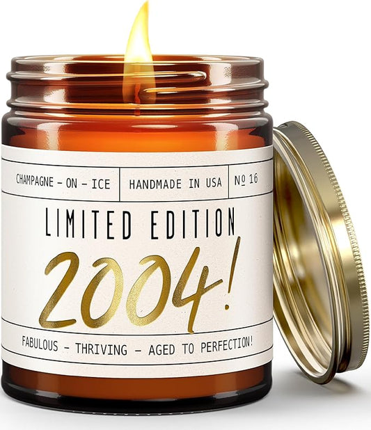 Soy and Sass 21st Birthday Jar Candle - 'Limited Edition 2004' Champagne on Ice Scent, 9oz Reusable Jar, 50Hr Burn, Made in USA