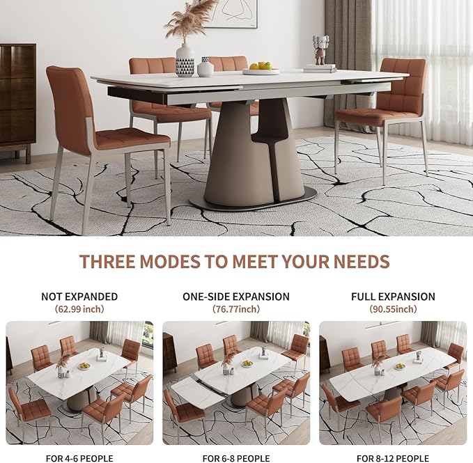 Modern Dining Table, Seats 8-10, Extendable Sintered Stone Dining Table, White Top, Saddle Leather Pedestal Table, 90 in.（1Table