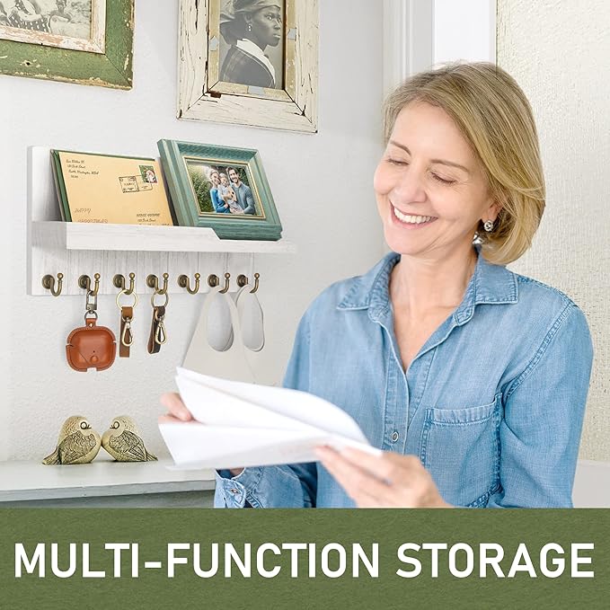 Rebee Vision Decorative Key and Mail Holder for Wall - Farmhouse 15 Inches Floating Shelf with 7 Sturdy Key Hooks for Home Entryway Wall Decor - Rustic Key Racks (White)