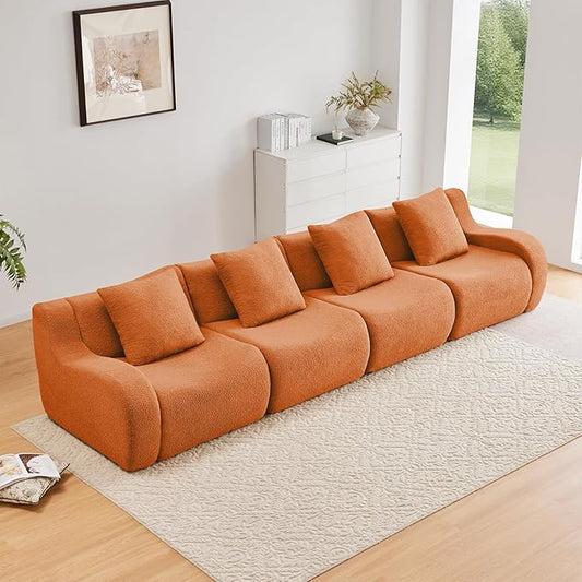 Orange 4-Seater Cloud Couch, Modern Teddy Fabric Boneless Sectional Sofa in a Box for Living Room, Modular Floor Couch, Comfortable Deep Seat, No Assembly Required, Sofas para Sala