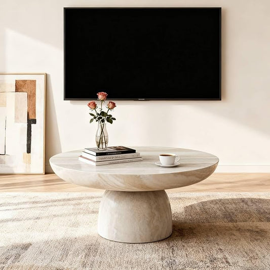 31.5" Round Coffee Table for Living Room,Cave's Stone Surface Fiberglass,Beige