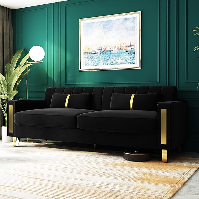 Couch 85.62" 3 Seats Sectional Velvet Fabric Sofa Easy Assemble Sofa Bed with 2 Couch Pillows,Gold Metal Legs for Living Room (P17, Black（3+3+1）)
