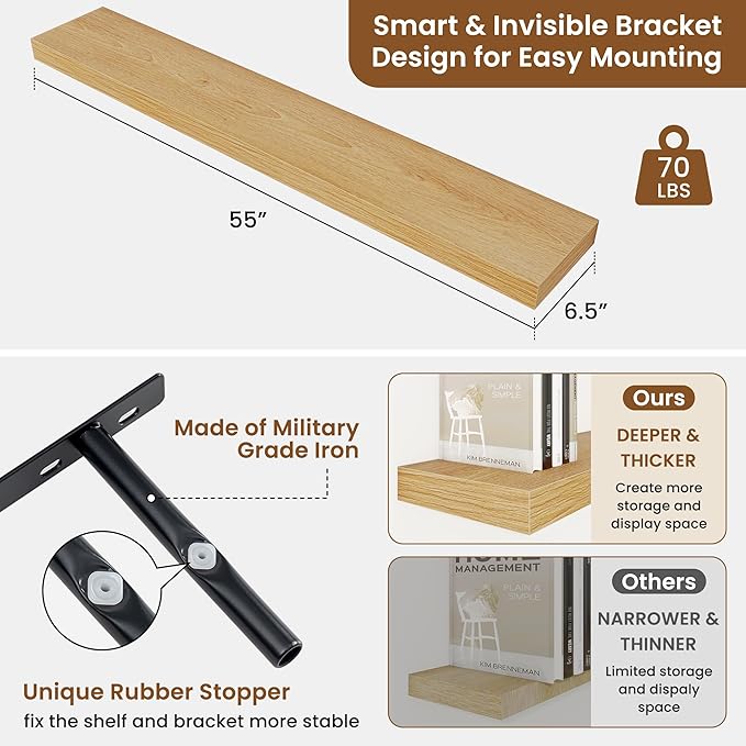 fuqing Floating Shelves for Wall, Wall Mounted Wood Floating Shelf with Invisible Brackets for Living Room, Bathroom, Bedroom, Kitchen Storage and Decor, 55 Inch Set of 2, Oak