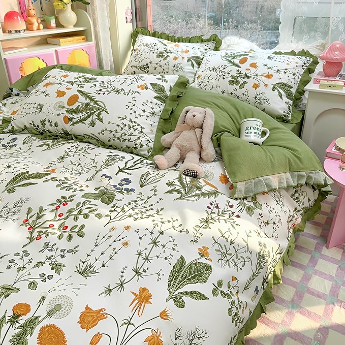 Romantic Green Floral Duvet Cover Queen 3 Pieces Ruffle Duvet Cover Girls Flower Comforter Cover 100% Cotton Vintage Floral Green Lace Bedding Cottagecore Flower Comforter Cover with 2 Pillowcases