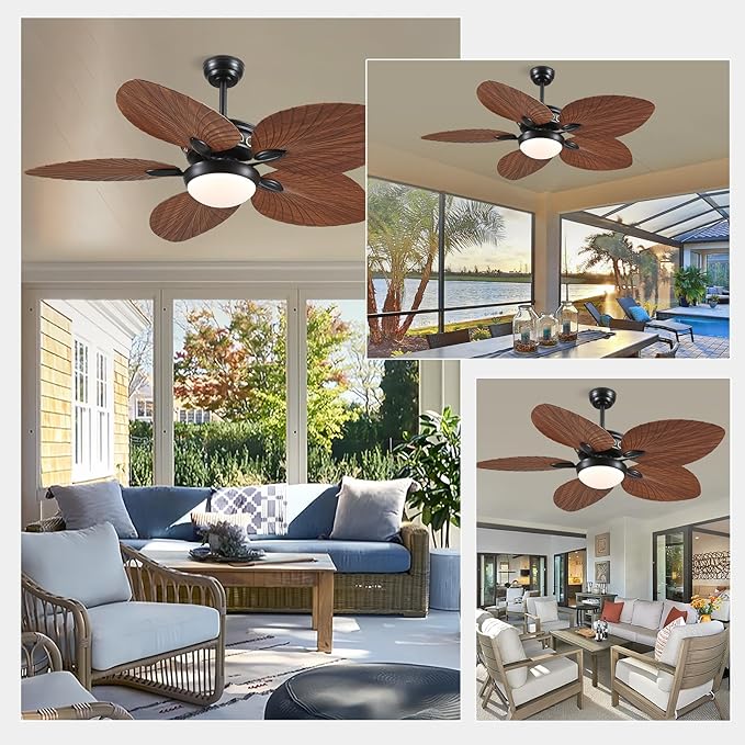 Ceiling Fans with Lights and Remote/APP Control, 52 Inch Tropical Palm Leaf Ceiling Fan with LED Lights, Outdoor Ceiling Fans for Patios Porch, Reversible Quiet Motor, Dimmable, Brown