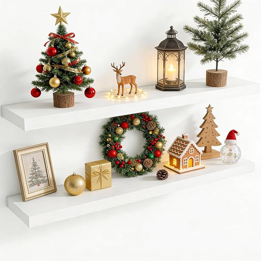 48 Inch Floating Shelves for Wall, 8 Inch Deep Floating Shelf for Storage & Display, Rustic Wall Mounted Shelf with Invisible Brackets for Living Room, Kitchen, Bathroom, Home Decor, Set of 2, White