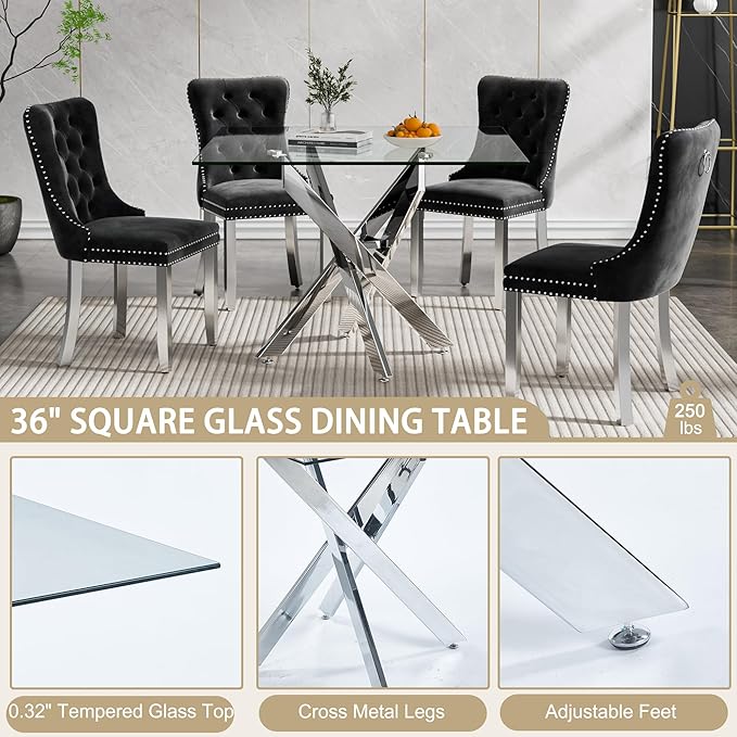 36" Square Dining Table for 4, Modern Clear Glass Kitchen Table for 4 with Silver X Metal Legs, Contemporary Small Glass Dining Room Leisure Tables for Kitchen Apartment