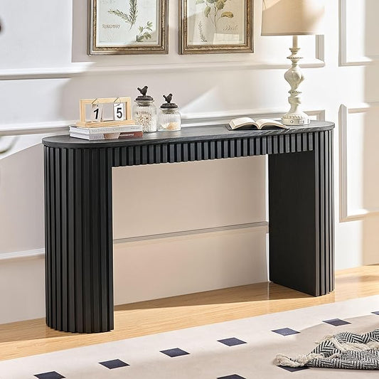 Modern Console Table for Entryway Contemporary Black Console Entry Tables with Drawer Fluted Sofa Tables Oval Long Foyer Table with Storage for Entry Way Hallway Entrance 59.05'' Wood