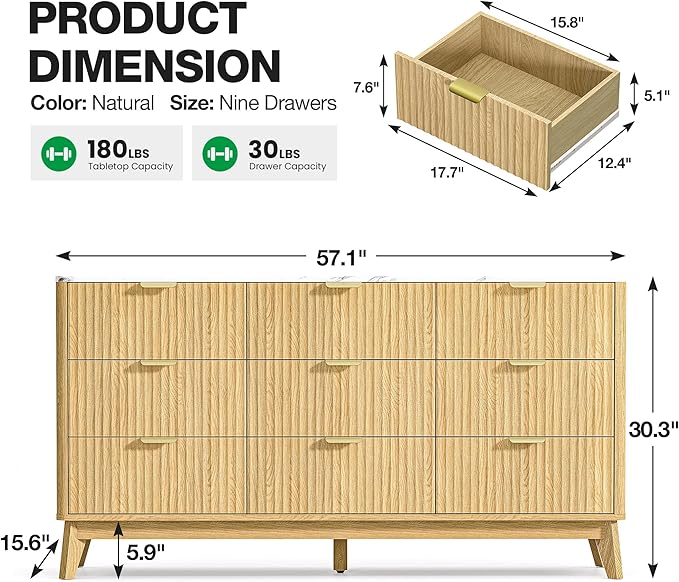 57" Wide Storage Cabinet, Fluted Chest of Drawers with Curved Edges, Wooden Buffet Cabinet with 9 Drawers, Modern Credenza with Faux Marble Top for Living Room, Hallway, Natural