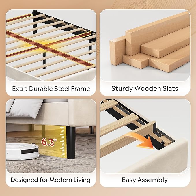 WLIVE Queen Size Upholstered Bed Frame, Velvet Square Tufted Headboard, Sturdy Metal & Wooden Slats Support, No Box Spring Needed, Beige