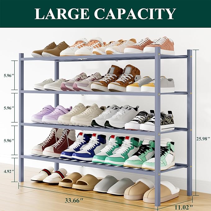 Smiry Shoe Rack, 4 Tier Long Bamboo Shoe Organizer, Stackable Free Standing Wooden Shoe Storage Shelf for Closet, Entryway, Front Door Entrance, Grey