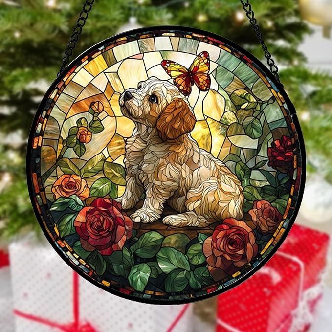 Stained Glass Window Hanging, Cute Dog and Flowers Suncatcher for Doors Home Butterfly Sun Catchers Decoration and Christmas, Mother's Day Birthday Gifts for Women, Men, and Mom 14.9x14.9 in