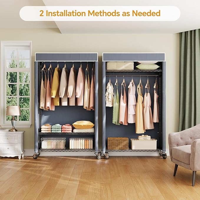 H4 Heavy Duty Clothes Rack with Cover, Rolling Garment Rack on Wheels, Portable Closet for Hanging Clothes, Black Clothing Rack with Grey Cover, Max Load 380LBS
