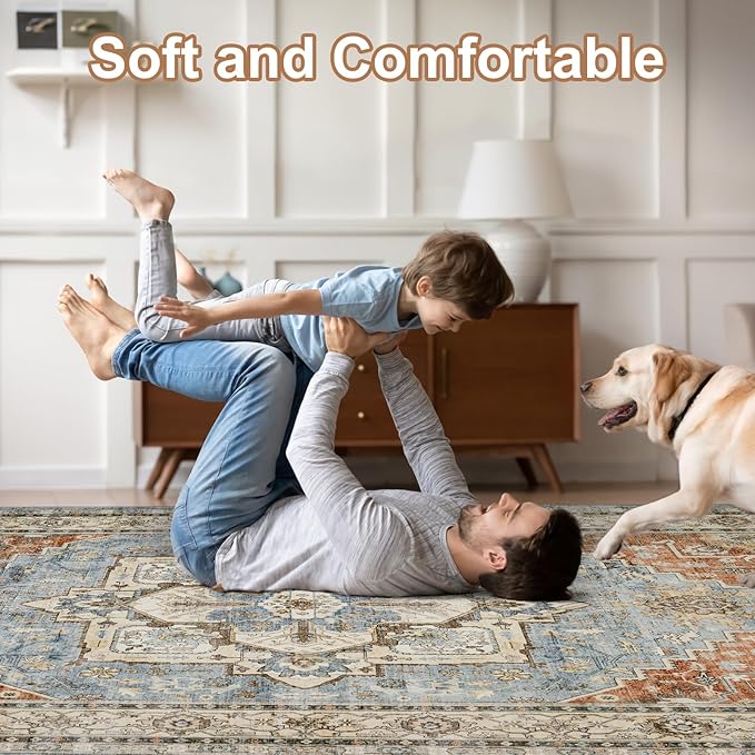 Area Rugs for Living Room 6x9 - Machine Washable Vintage Oriental Soft Rug, Low Pile Thin Floor Carpet with Non Slip Backing for Bedroom, Dorm, Under Dining Room Table, Indoor House, Office Decor