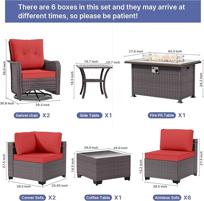 Gotland 13 Pieces Patio Furniture Set with Fire Pit Table Swivel Chairs, PE Rattan Outdoor Furniture Set with 29.5'' High Backrest 4’’ Thick Cushions Coffee Table, Patio Set for Porch, Deck, Red