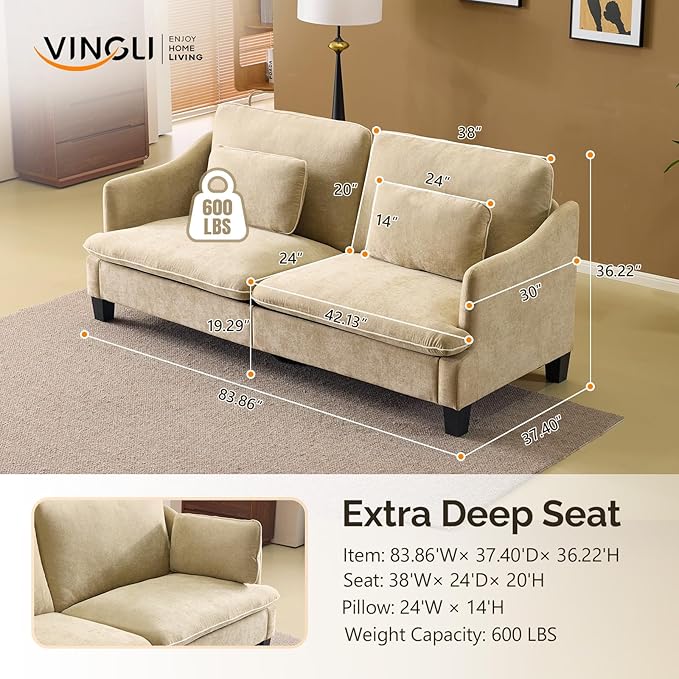 VINGLI 84" W Oversized Comfy Two Seat Love Seat, 37" Extra Deep Seat Piping Design Loveseat Couch with Two Pillows, Linen Fabric Modern Small Sofa for Small Living Room, Bedroom, Khaki