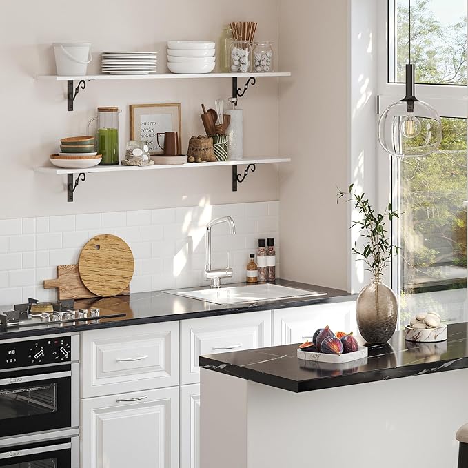 DINZI LVJ Long Wall Shelves, 47.3" Large Floating Shelves Set of 2, Farmhouse Display Shelf Wall Mounted with Heavy Duty Brackets, Easy Assembly for Kitchen, Bathroom, Bedroom, Balcony, White