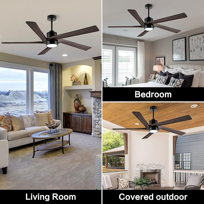 WINGBO 72 Inch DC Ceiling Fan with Lights and 3 Downrods, 5 Reversible Carved Wood Blades, 6-Speed Noiseless DC Motor, Large Ceiling Fan in Matte Black Finish with Walnut Blades, ETL Listed