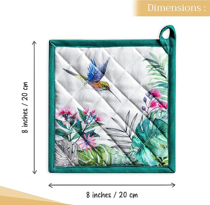 Maison d' Hermine Pot Holders Set 100% Cotton Heat Resistant Potholders 8" x 8" Hot Pads with Loop BBQ, Cooking, Baking, Grilling, Kitchen, Handling Hot Pans Spring/Summer (Pack of 2, Tropiques)