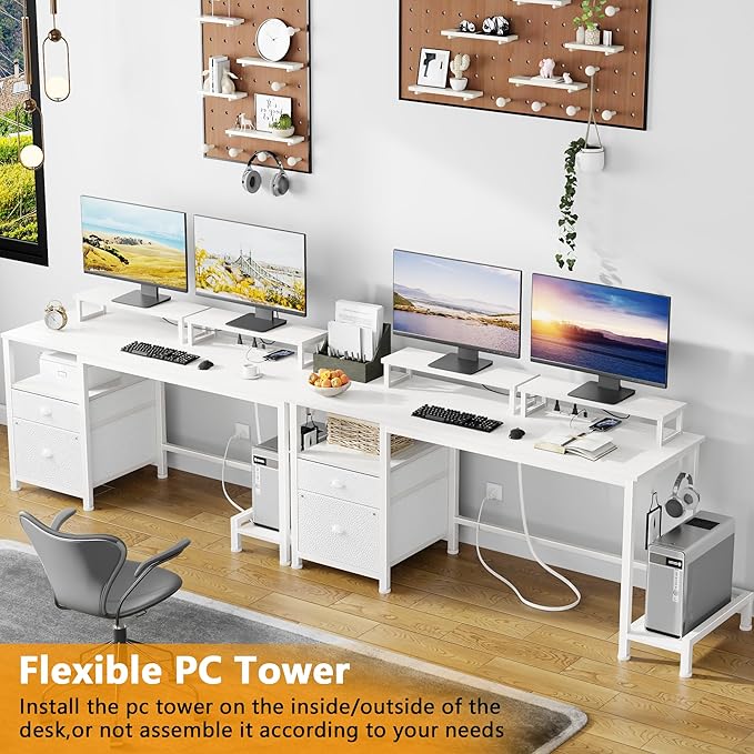 Furologee 55" Computer Desk with File Cabinet and Power Outlets, Home Office Desk with 2 Monitor Stands and Storage Drawer, Writing Gaming Table with Shelves and 2 Hooks for Bedroom, White