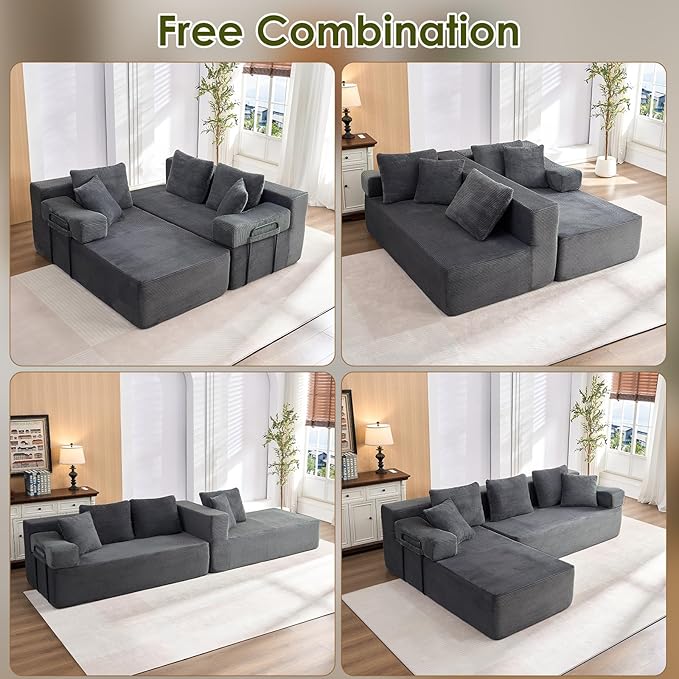 105" L-Shaped Modular Sectional Sofa with L-Shaped Boneless Couch, Cloud Couches for Living Room with Removable Arms, Convert Left/Right Facing, Plush Corduroy, No Assembly, Grey