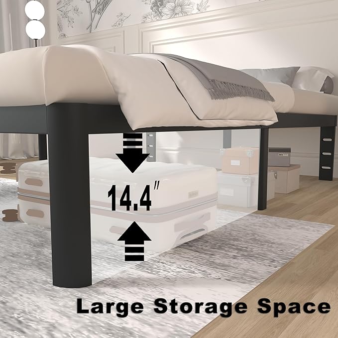 ITIMIDI 16 Inch Metal Bed Frame Queen Size, Safety Design with Rounded Corner Legs and DIY Headboard, No Box Spring Needed, Easy Assembly, Noise Free, Sturdy and Stable, Black