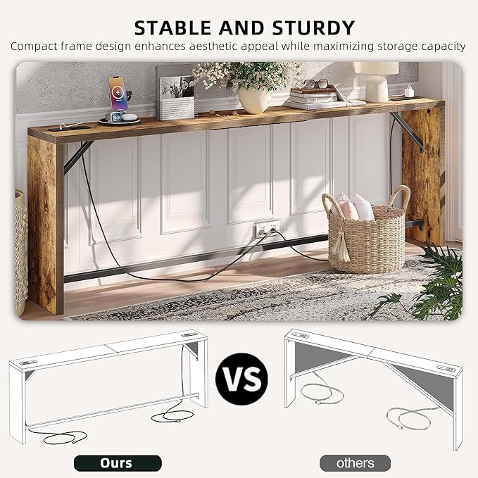 TIQLAB Sofa Table, 79''L x 9.1''W (1.2'' Thickness) Long Console Table Behind Couch, Entryway Table with Angled Metal Frame, Industrial Console Table, Rustic Brown