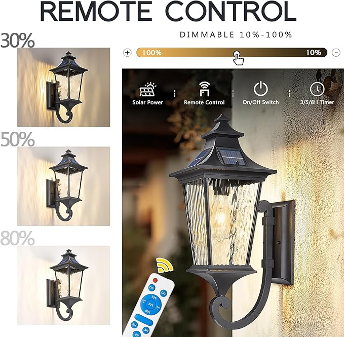 Emliviar Solar Wall Lantern Outdoor, Waterproof Outdoor Sconce Light, Dusk to Dawn LED Exterior Wall Lighting with Water Ripple Glass, Black Finish, 500181-SL SW BK