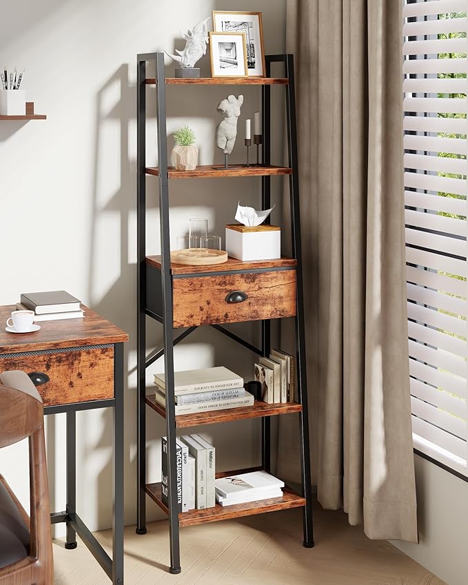 Furologee 5 Tier Ladder Shelf, Tall and Narrow Bookshelf with Drawer,Standing Bookcase Units, Industrial Open Display Shelves Organizer for Bathroom,Kitchen,Bedroom,Living Room,Rustic Brown