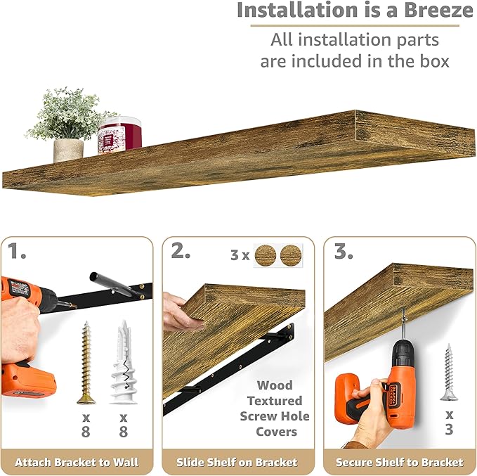 Sorbus Floating Shelves for Wall - 55 Inch Extra-Long Bathroom Shelves, Wall Decor for Bedroom, Kitchen, Living Room, Book Storage - Mounted Floating Shelf with Hidden Brackets (Rustic Brown, 3 Pack)