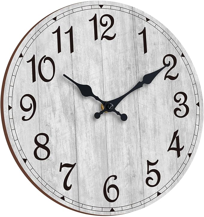 HYLANDA Wall Clock 12 Inch, Grey Wall Clocks Battery Operated Silent Non Ticking, Vintage Rustic Wooden Clocks Decorative for Kitchen Bathroom, Living Room, Bedrooms, Dining Room, Office (12")